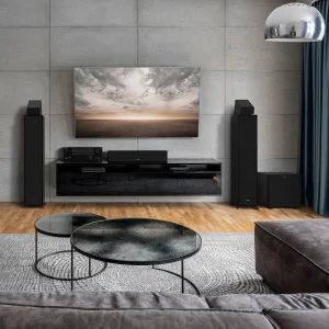 Klipsch-R-101SW-Subwoofer-in-a-home-theater-setting-with-grilles-on-7